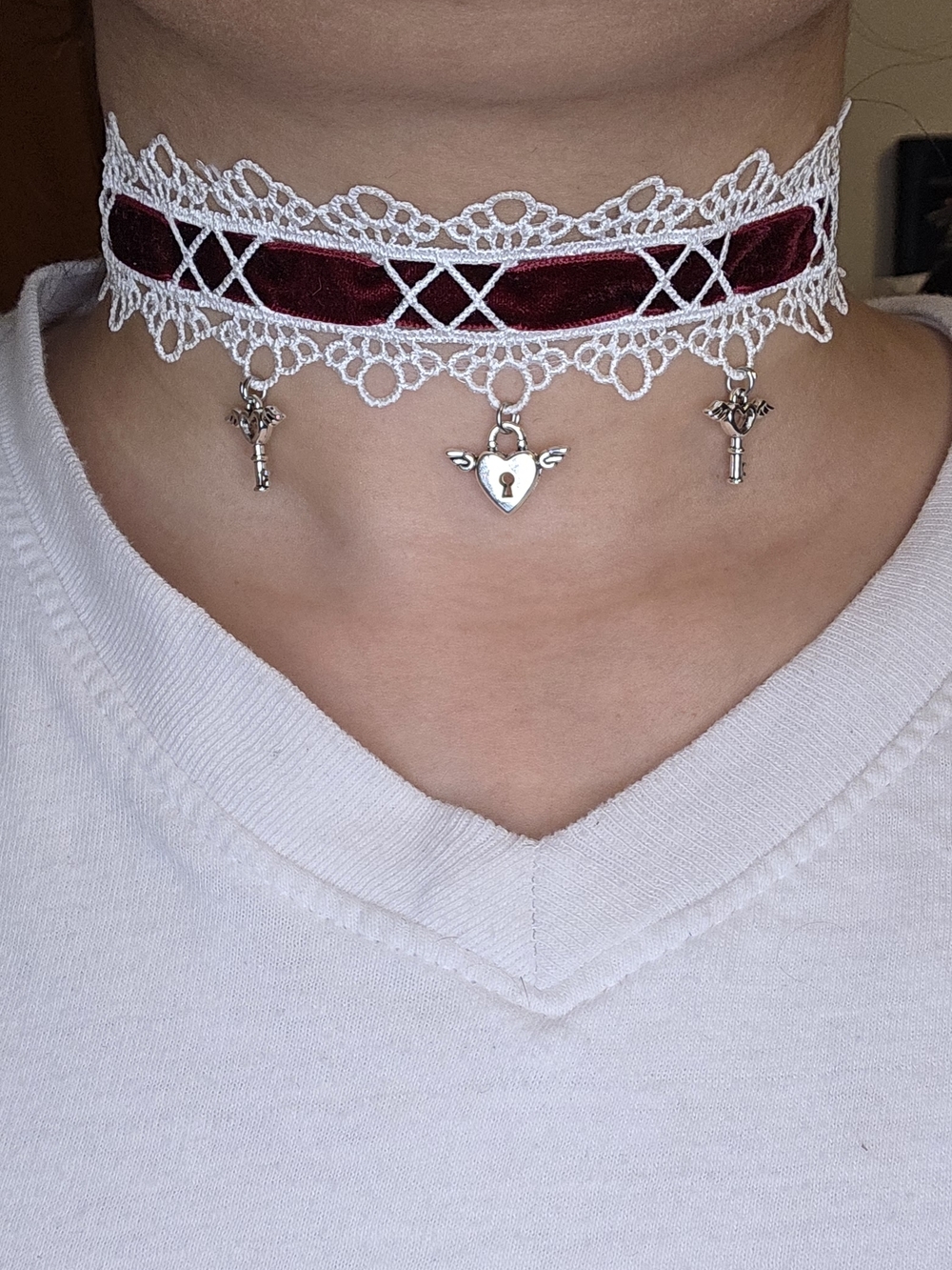 Burgundy Velvet and White Lace Heart Lock Choker Necklace